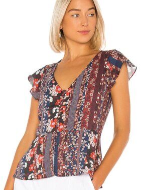 Sanctuary Over the Moon Peplum Top Size L Floral Patchwork V Neck Blouse